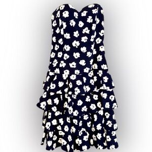 Vintage 80s 90s Dress Strapless Ruffled Cocktail Patty O’Neil Navy White Floral